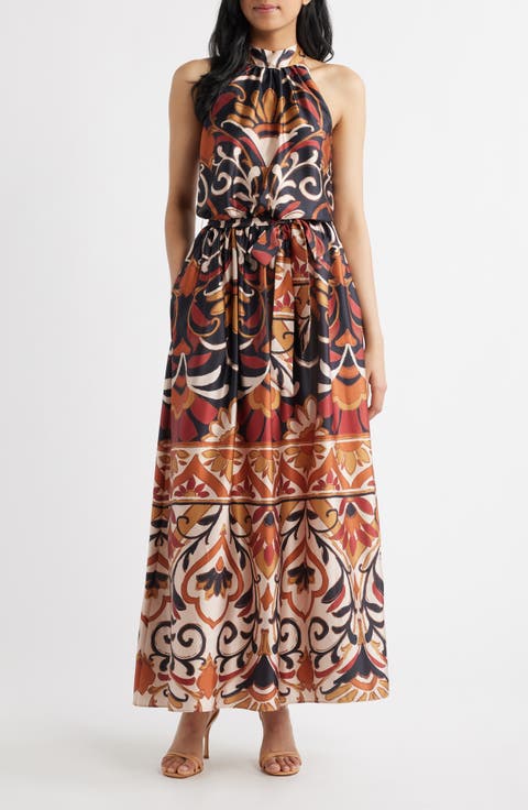 Floral Print Stretch Satin Maxi Dress