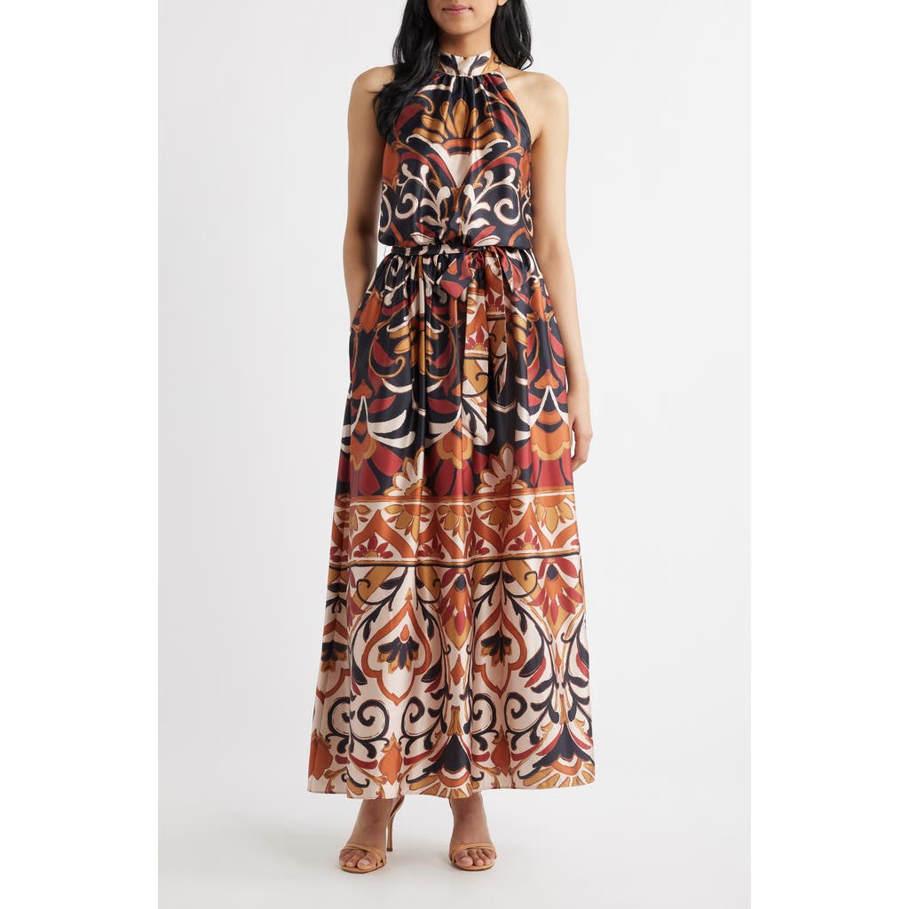 Julia Jordan Floral Print Stretch Satin Maxi Dress in Rust Multi at Nordstrom, Size 4