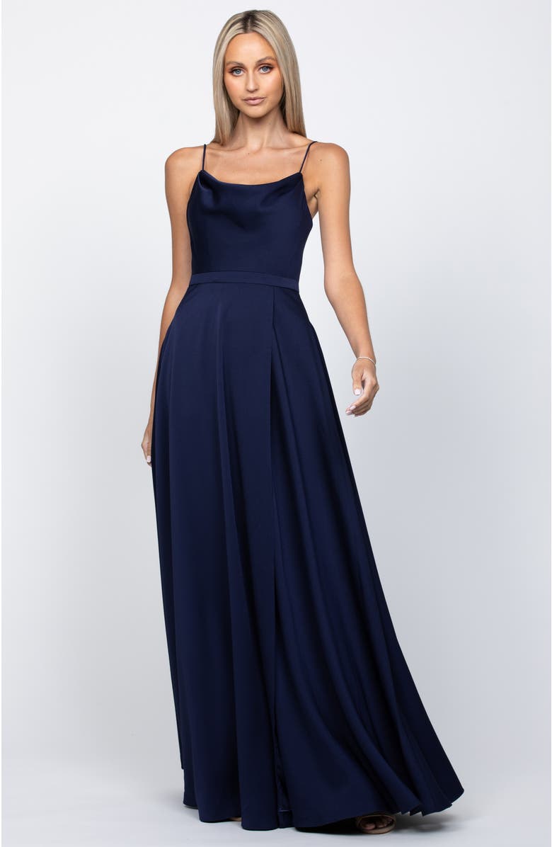 Bariano Diamond Cowl Wrap Gown, Alternate, color, Navy