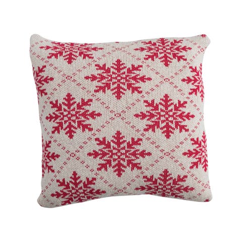 Cotton Knit Pillow with Snowflake Pattern, Cream & Dark Pink