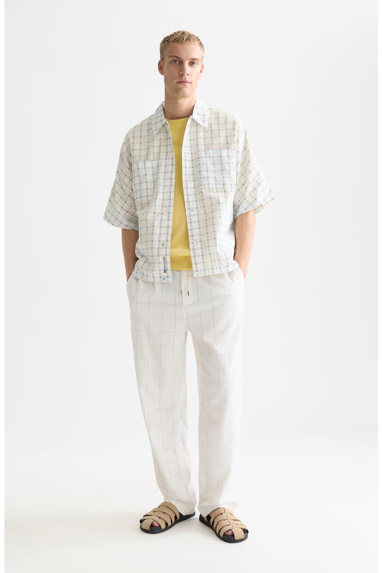 Pleated Relaxed Straight Fit Cotton & Linen Blend Pants, Alternate, color, BRIGHT WHITE / BLUE CHECK