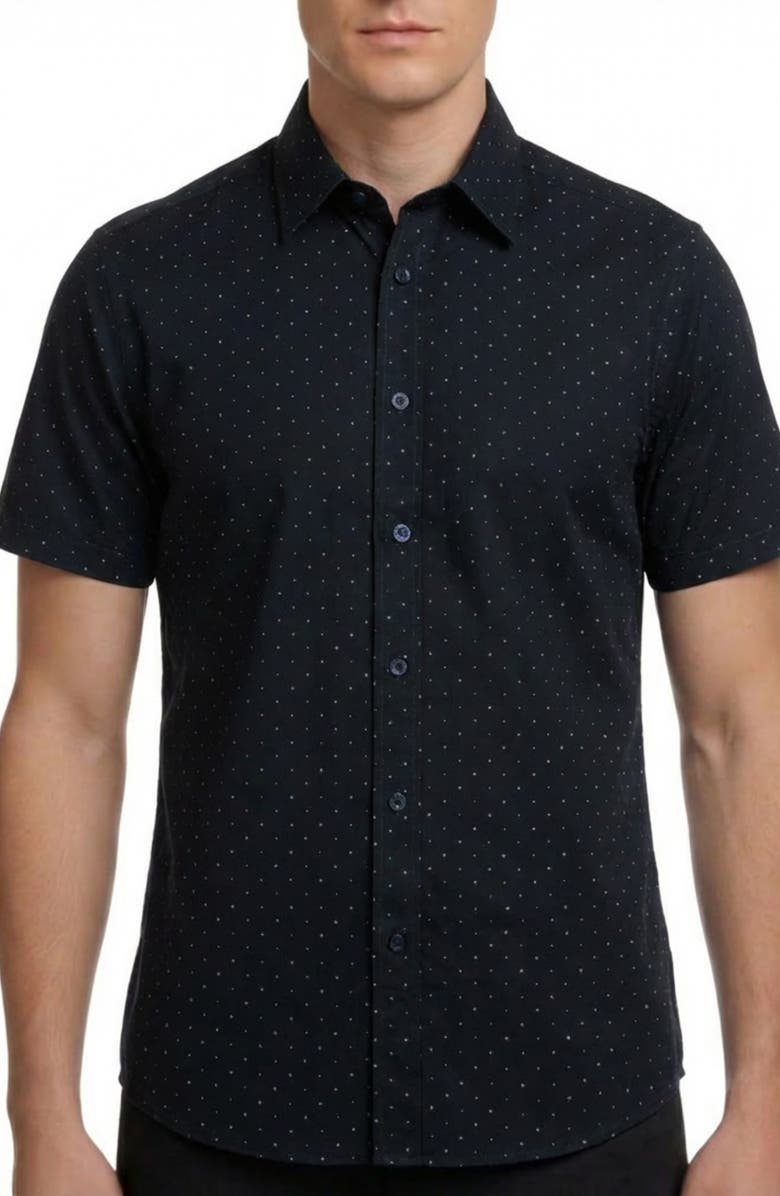 Report Collection Geometric Print 4-Way Stretch Short Sleeve Button-Up Shirt, Main, color, Navy