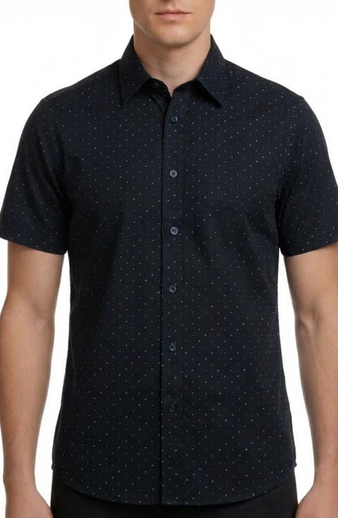 Geometric Print 4-Way Stretch Short Sleeve Button-Up Shirt