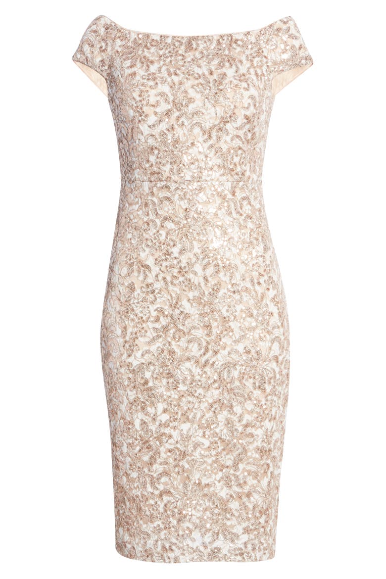 Sequin Off the Shoulder Sheath Cocktail Dress, Alternate, color, SAND