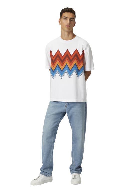 Missoni Cotton Crewneck T-shirt With Macro Zigzag Print in White  & Orange 