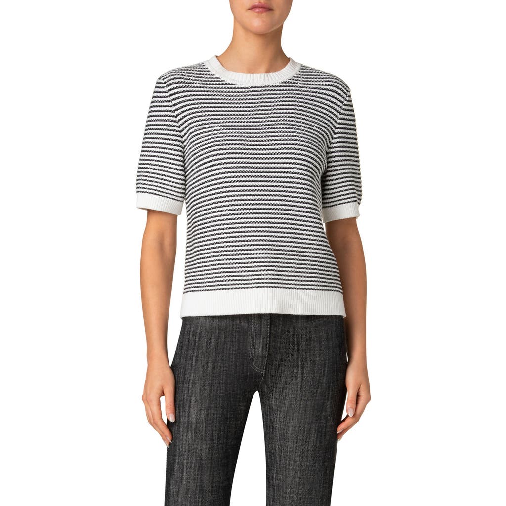 Akris Punto Chunky Tweed Knit Short-sleeve Crop Sweater In Black-cream