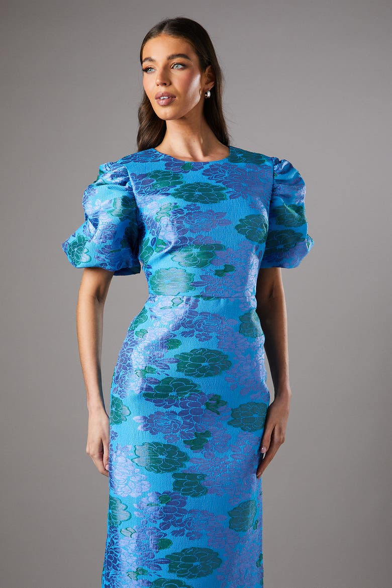 Jacquard Floral Puff Sleeve Midi Dress, Alternate, color, Blue