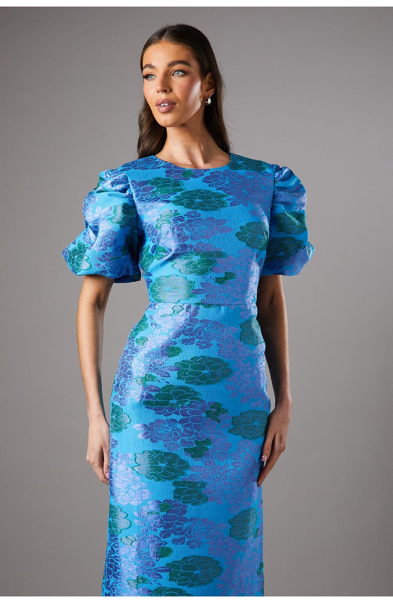 Coast Jacquard Floral Puff Sleeve Midi Dress, Alternate, color, Blue