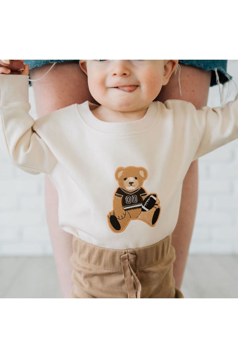Teddy Bear Patch Long Sleeve Romper, Alternate, color, Natural Heather