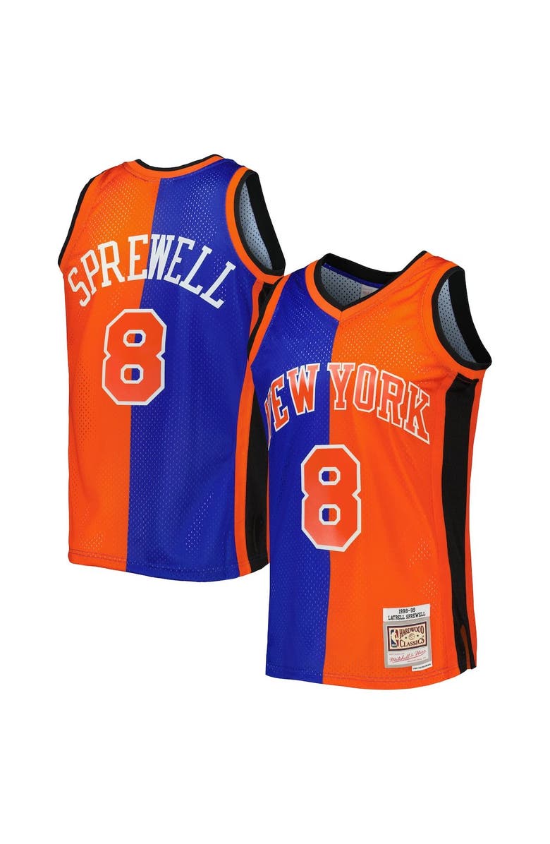 Mitchell & Ness Men's Mitchell & Ness Latrell Sprewell Blue/Orange New York Knicks Hardwood Classics 1998/99 Split Swingman Jersey, Main, color, 