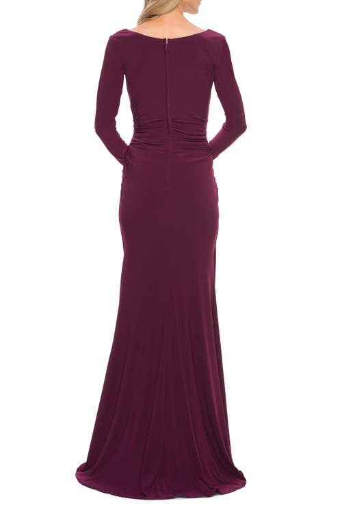 La Femme Long Sleeve Jersey Evening Dress With Ruching In Dark Berry
