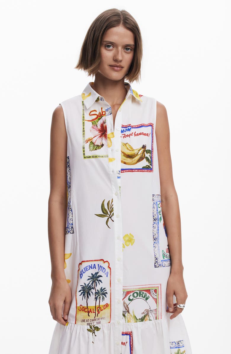 Desigual Mixed Print Cotton Sleeveless Shirtdress, Alternate, color, Light Beige