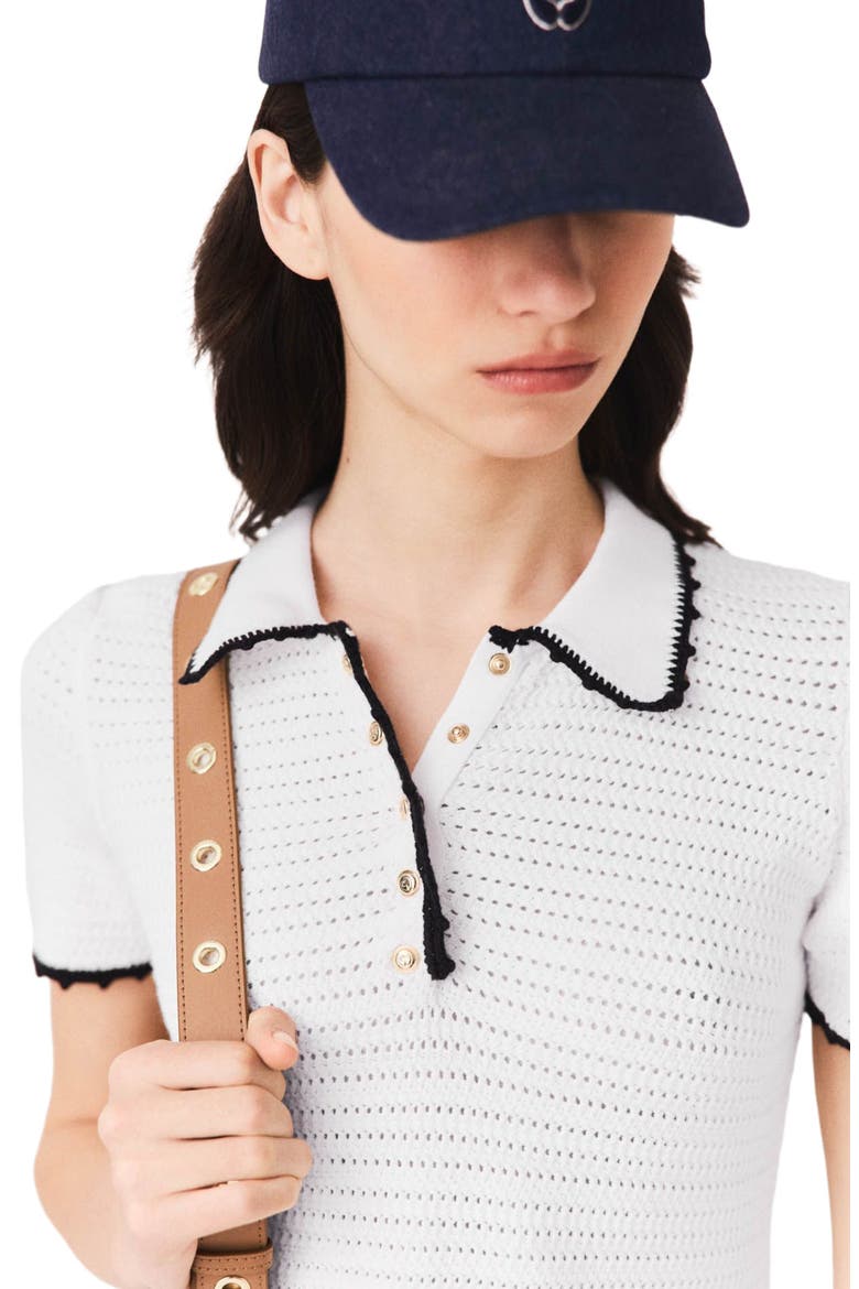 Knit polo dress with crochet, Alternate, color, White