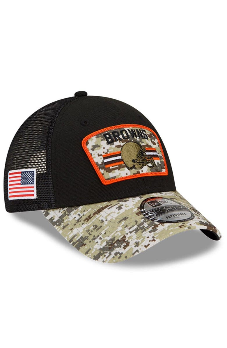 New Era Men's New Era Black/Camo Cleveland Browns 2021 Salute To Service Trucker 9FORTY Snapback Adjustable Hat, Main, color,