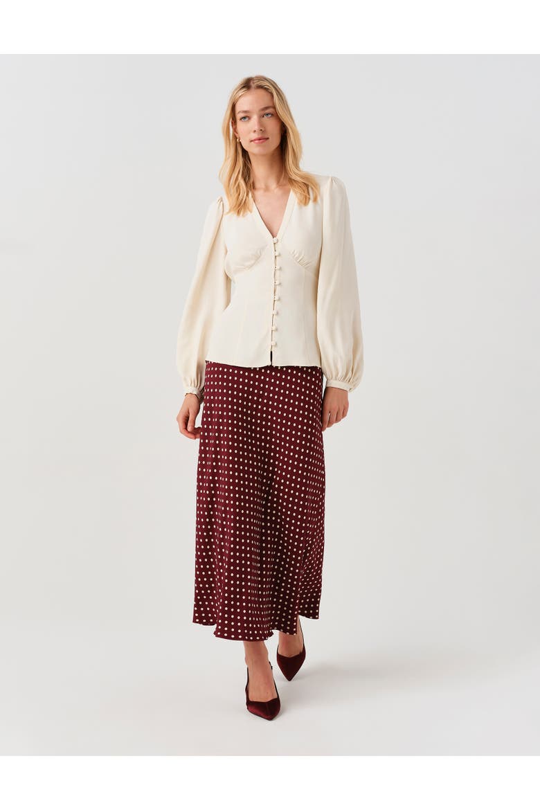 Lyra Spot Midi Satin Skirt, Alternate, color, Burgundy Spot