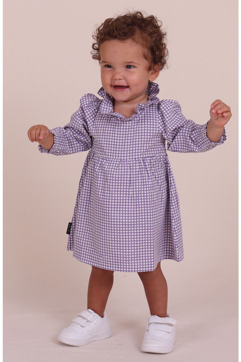 Check Long Sleeve Frill Neck Dress, Alternate, color, LILAC