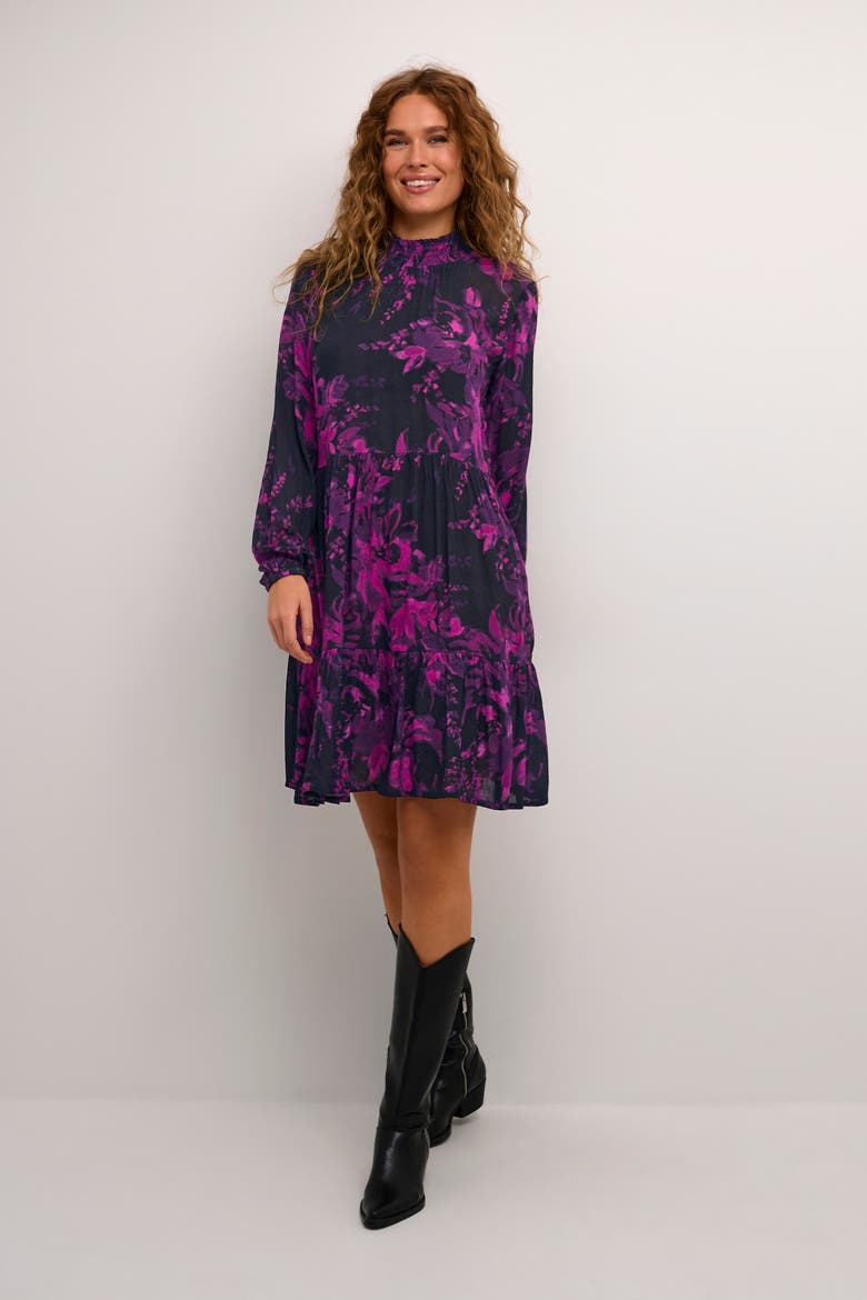 Karikka Dress Long Sleeves High Neck, Alternate, color, Black/Purple Painted
