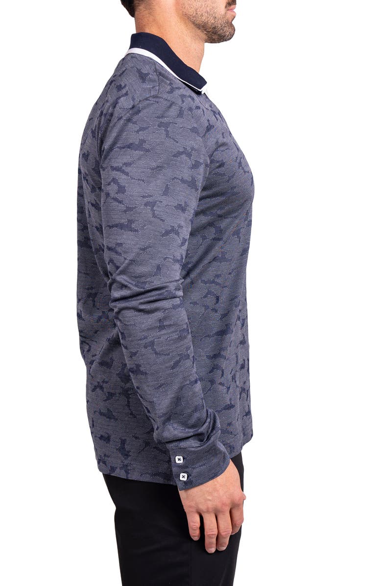 Maceoo Ascension0004 Blue Johnny Collar Long Sleeve Cotton Jacquard Polo, Alternate, color, Blue