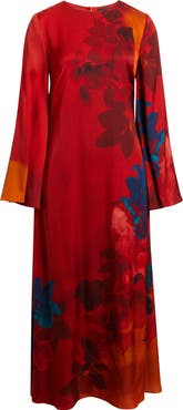 Elie Tahari The Payton Placed Floral Long Sleeve Stretch Silk Caftan Dress