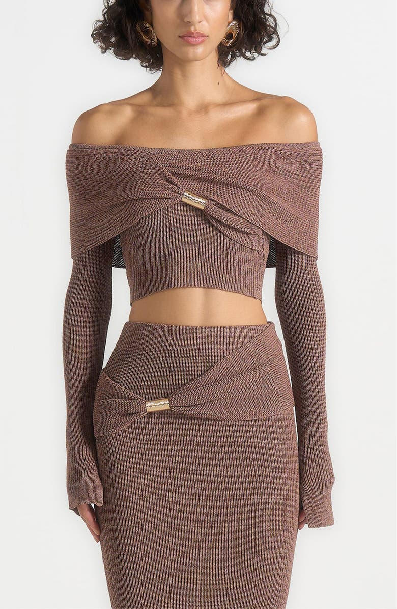 Manière De Voir Shana Asymmetric Bardot Top With Hardware Detail, Alternate, color, Taupe