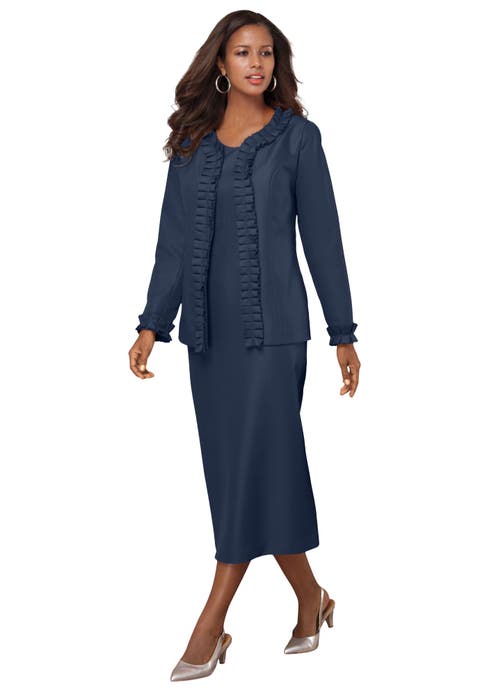 Plus Size Long Sleeve Pleated Jacket Dress Set Elegant 2 Piece Sheath Suit