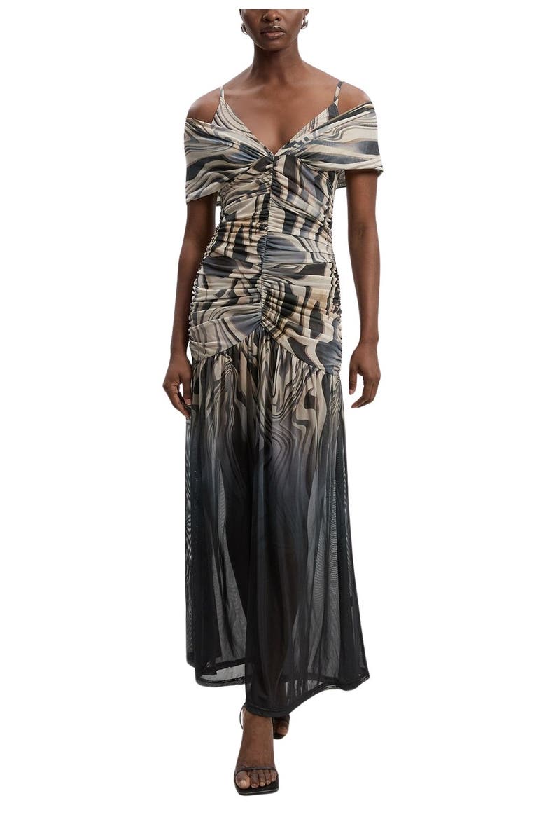 Karen Millen Marble Print Mesh Plunge Maxi Dress, Alternate, color, Mono