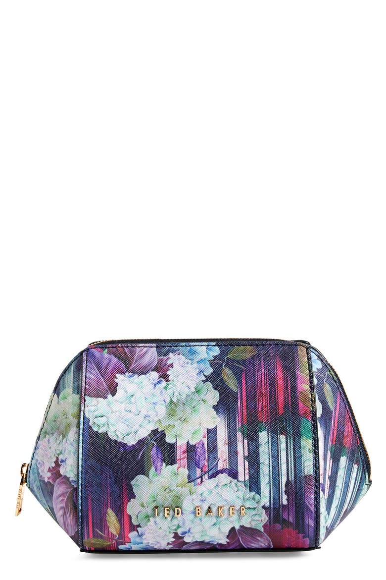 'Hydrangea' Floral Print Cosmetics Case, Main, color, NAVY
