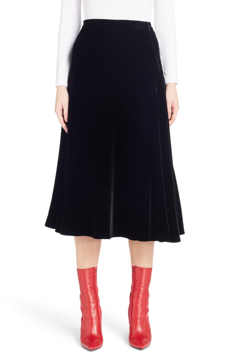 Velvet Midi Skirt, Main, color, BLACK