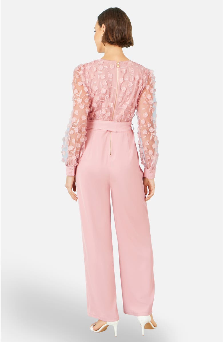 Yumi Sash Waist Floral Applique Wrap Jumpsuit, Alternate, color, Pink