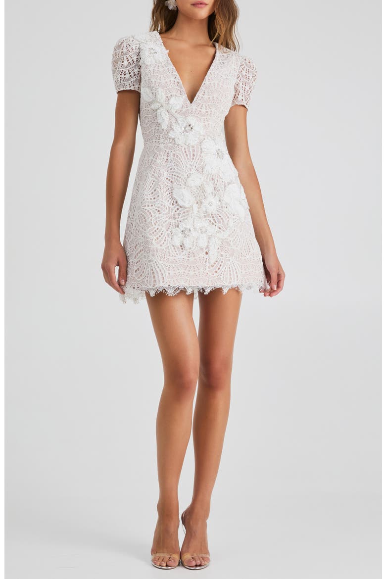 Daisy Floral Appliqué Lace Cocktail Minidress, Main, color, OFF WHITE