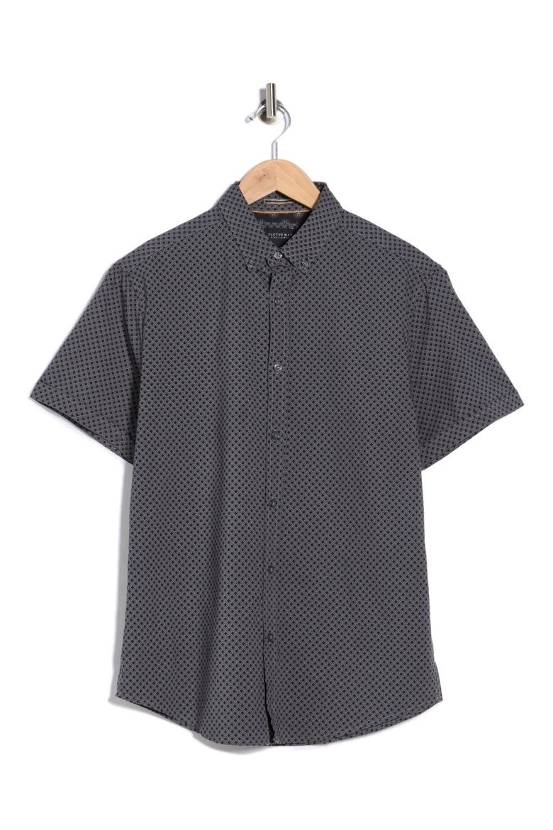 Geometric Print Short Sleeve Button-Down Shirt, Alternate, color, GREY