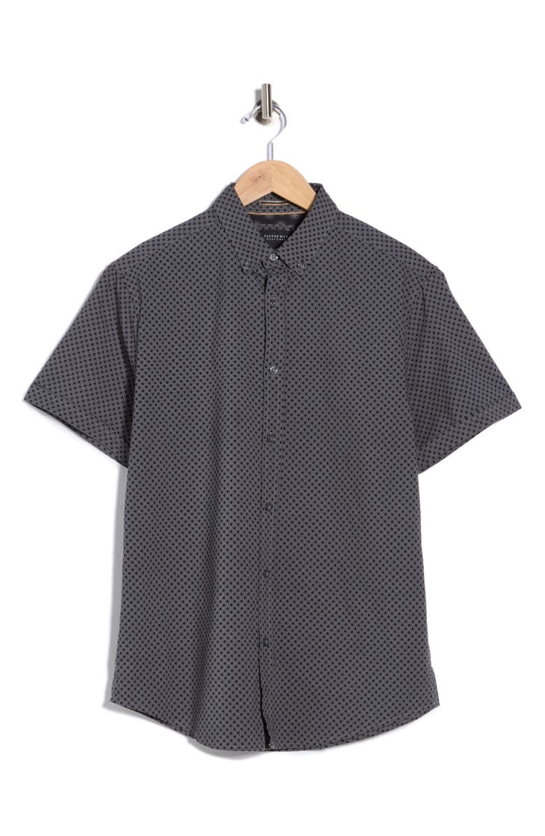 DENIM AND FLOWER Geometric Print Short Sleeve Button-Down Shirt, Main, color, Grey