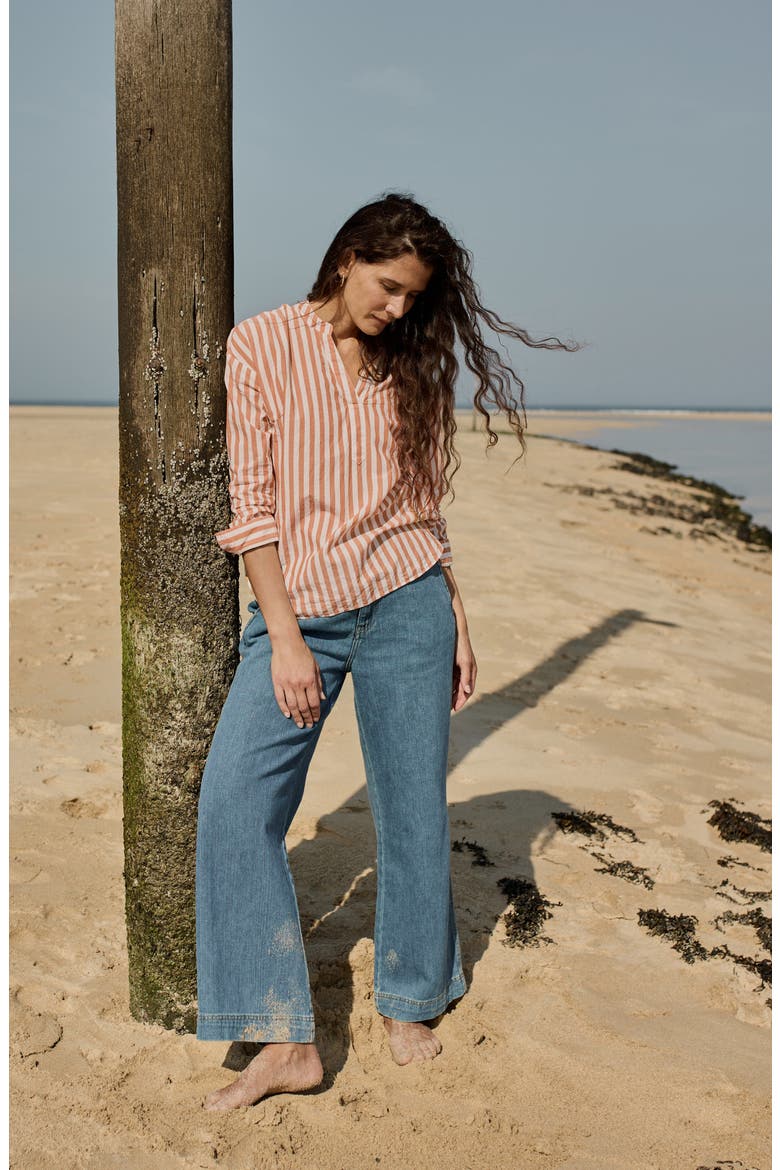 Eyebright Stripe Organic Cotton Popover Shirt, Alternate, color, MINI SCALLION CUMIN