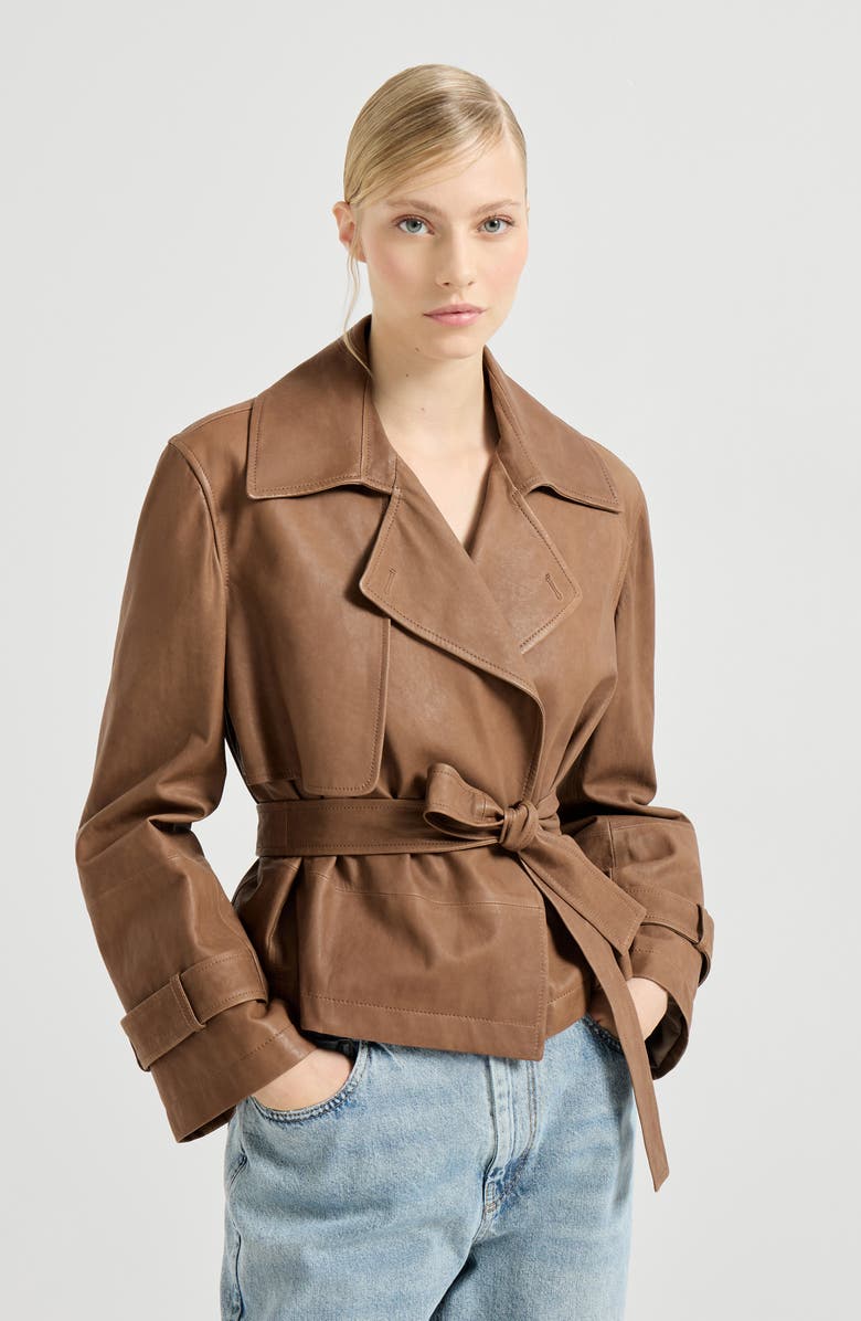 Brunello Cucinelli Vintage nappa Crop trenchcoat, Alternate, color, Brown