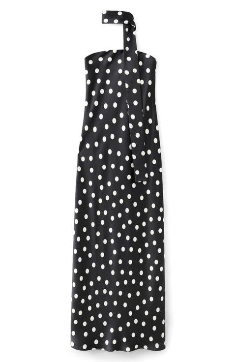 Polka Dot Strapless Midi Dress with Scarf Detail