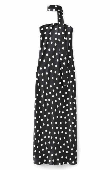 Polka Dot Strapless Midi Dress with Scarf Detail