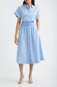 SPANX® Stripe Smocked Waist Cotton Midi Dress