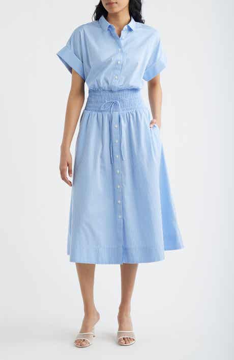 Stripe Smocked Waist Cotton Midi Dress