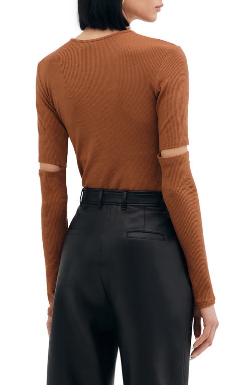 Two Lines By Marcella Stockholm Slit Sleeve Rib Top In Cinnamon Brown