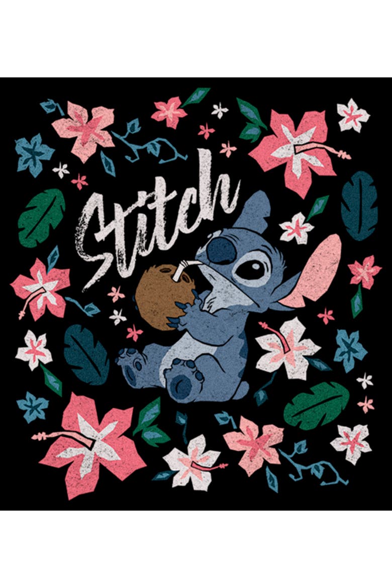 Girl's Lilo & Stitch Floral Poster  Graphic T-Shirt, Alternate, color, Black