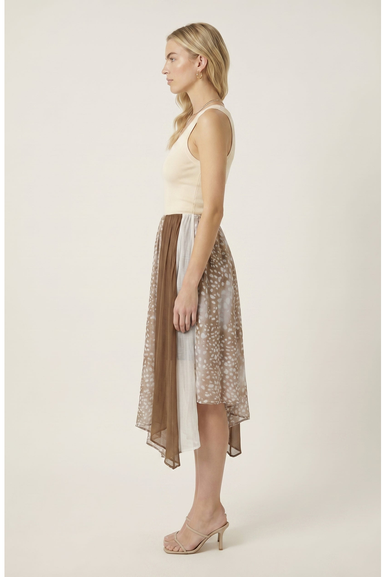 Printed Sheer Overlay Asymmetrical Panel Midi Skirt, Alternate, color, Brown