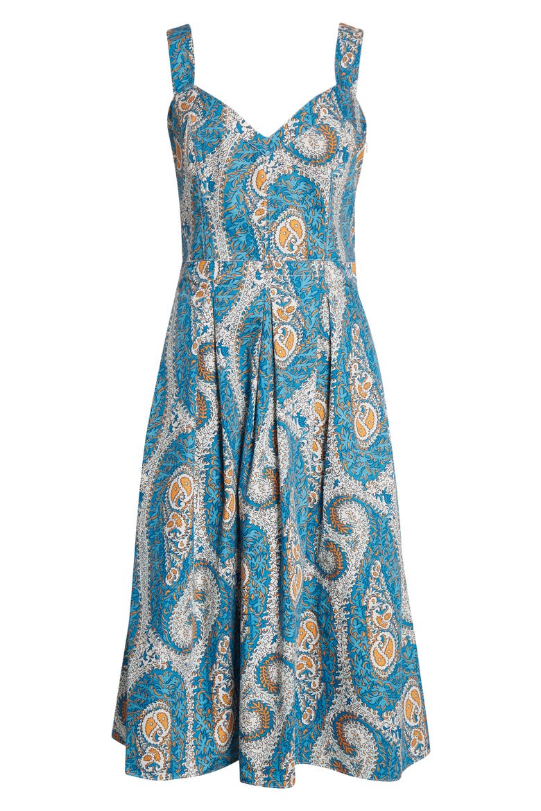 Paisley Print Pleated Fit & Flare Cotton Poplin Midi Dress, Alternate, color, PRINT ON WHITE BASE