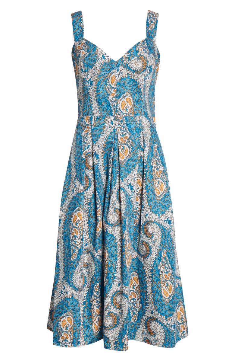 Etro Paisley Print Pleated Fit & Flare Cotton Poplin Midi Dress, Main, color, Print On White Base
