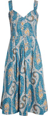 Etro Paisley Print Pleated Fit & Flare Cotton Poplin Midi Dress