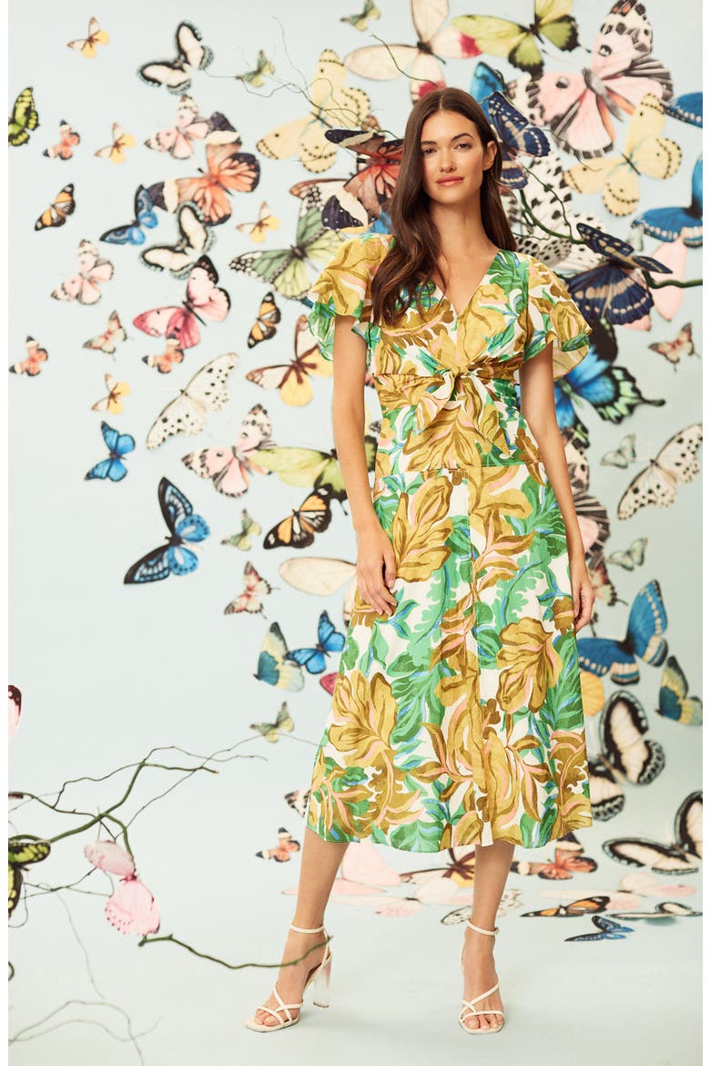 Front Tie Short Sleeve Cotton Midi Dress, Alternate, color, SOFT WHITE/ GOLDEN OLIVE