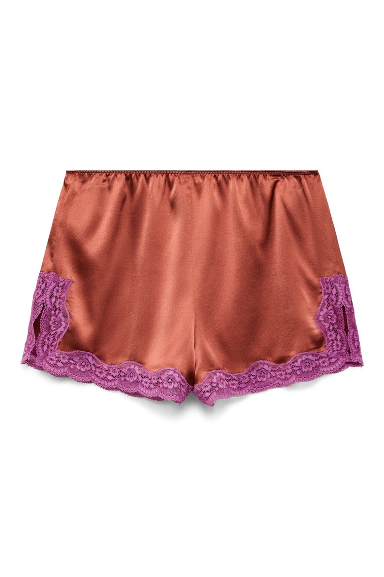Contrast Lace Trim Stretch Silk Pajama Shorts, Alternate, color, BROWN