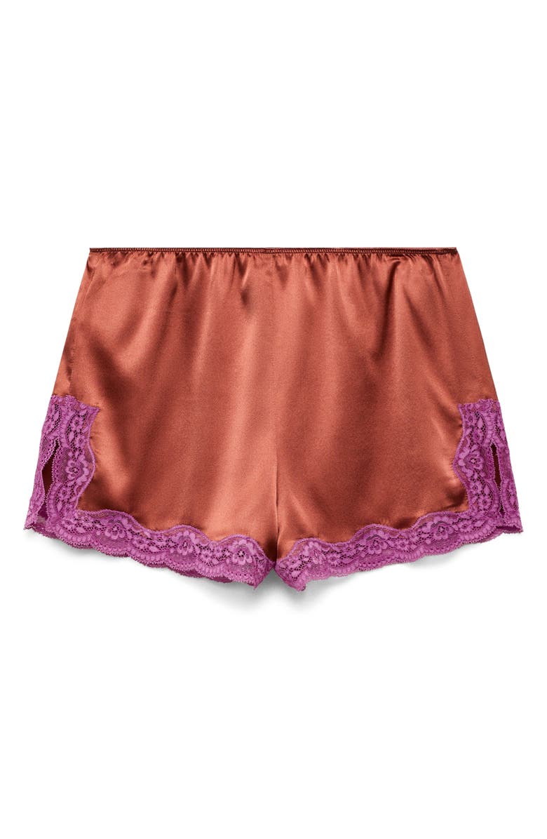 MANGO Contrast Lace Trim Stretch Silk Pajama Shorts, Alternate, color, Brown