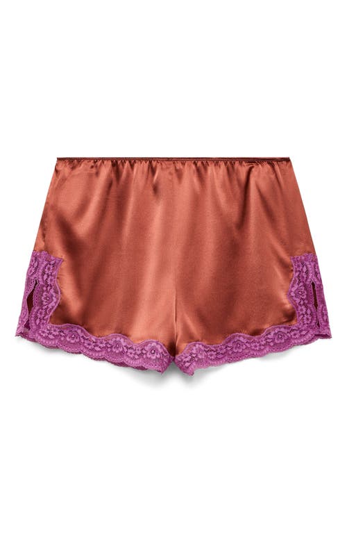 Mango Contrast Lace Trim Stretch Silk Pajama Shorts In Brown