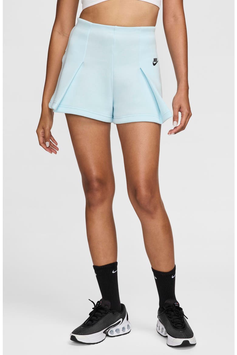 Tech Fleece High Waist Pleated Shorts, Main, color, GLACIER BLUE/ BLACK