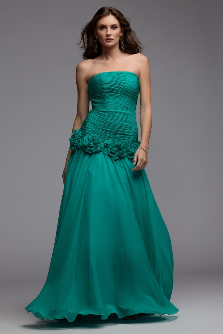 Strapless Chiffon Drop Waist Ball Gown with Floral Appliqué, Alternate, color, Spring Green
